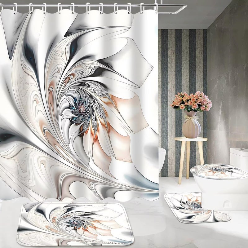 DDQQ 4Pcs Abstract Line Pattern Shower Curtain Sets, Bathroom Sets with Shower Curtain, Toilet Lid Rug, Bath Mat and Contour Mat, Shower Curtain with 12 Hooks for Bathroom Set Decor 72 x 72 Inch - Image 3